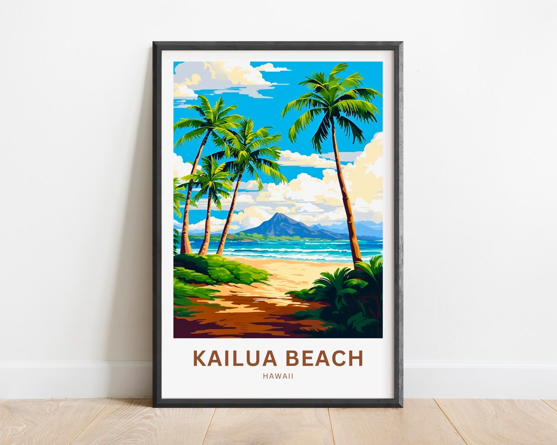 Kailua Beach Hawaii Palm Trees Volcano Sandy Shore Travel Poster