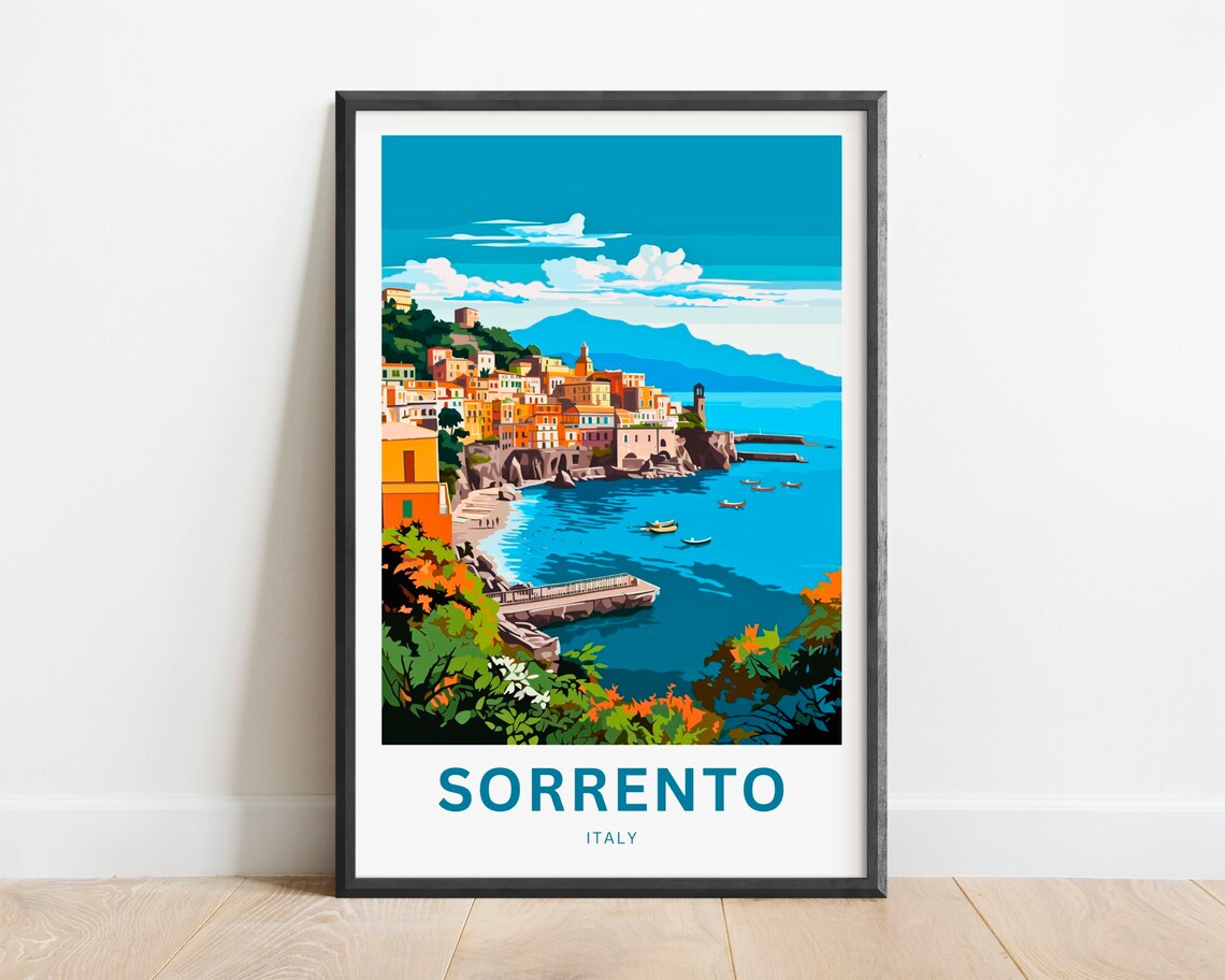 Sorrento Italy Travel Poster Vintage Seaside Town Coastal Cliff Art