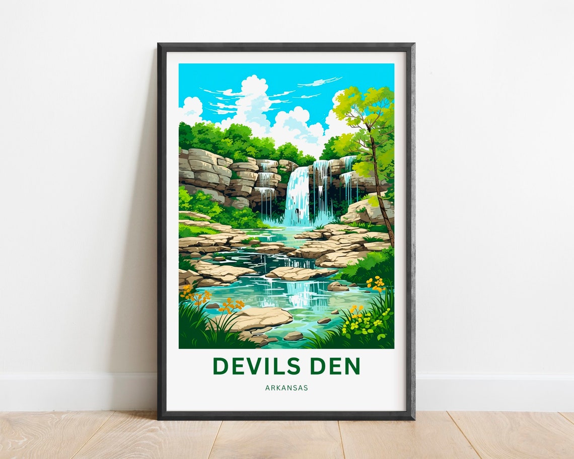 Devils Den Arkansas Creek Waterfall Travel Illustration Poster