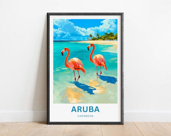 Aruba Caribbean Flamingos Turquoise Water Beach Travel Poster