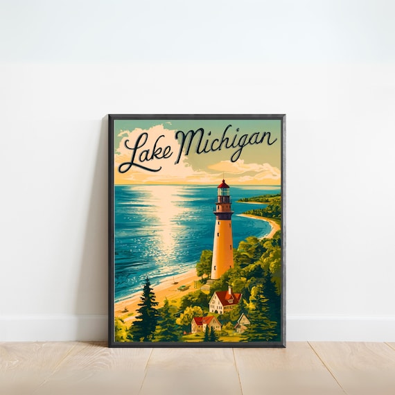 Lake Michigan Tall Lighthouse Golden Beach Sunset Vintage Travel Poster