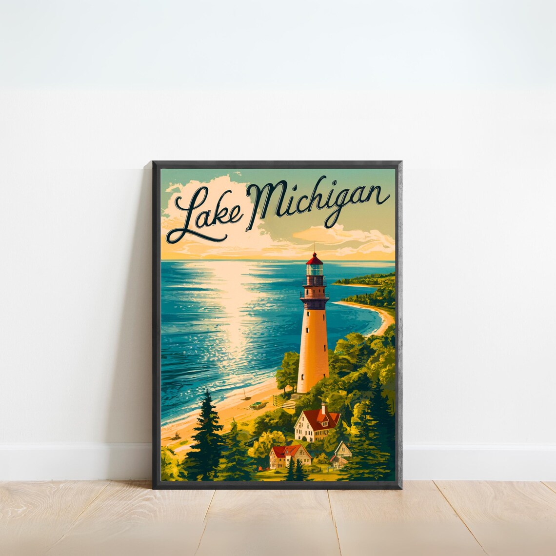 Lake Michigan Tall Lighthouse Golden Beach Sunset Vintage Travel Poster