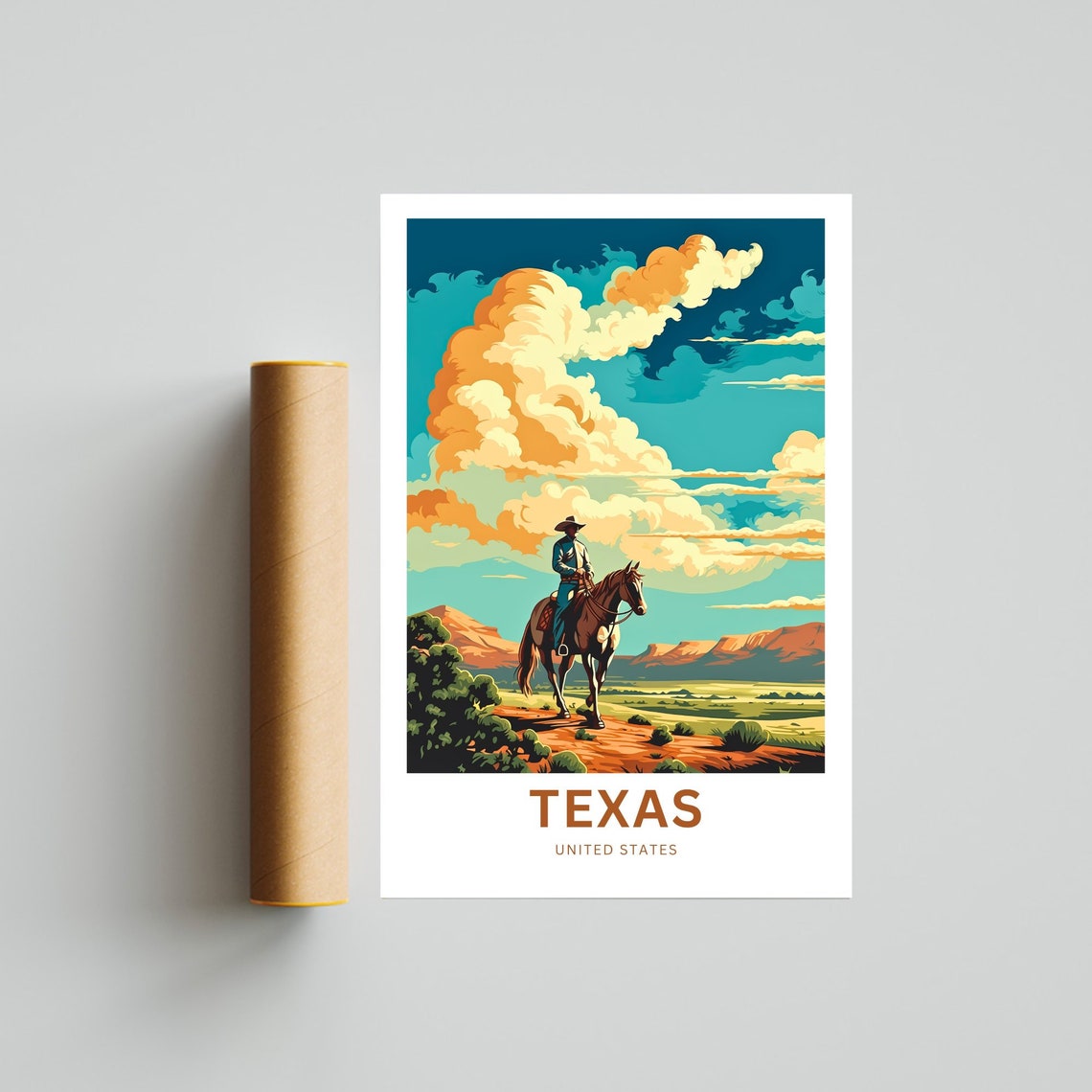 Texas Cowboy Rider Big Cloud Sky Customizable Travel Poster Art - Image 4