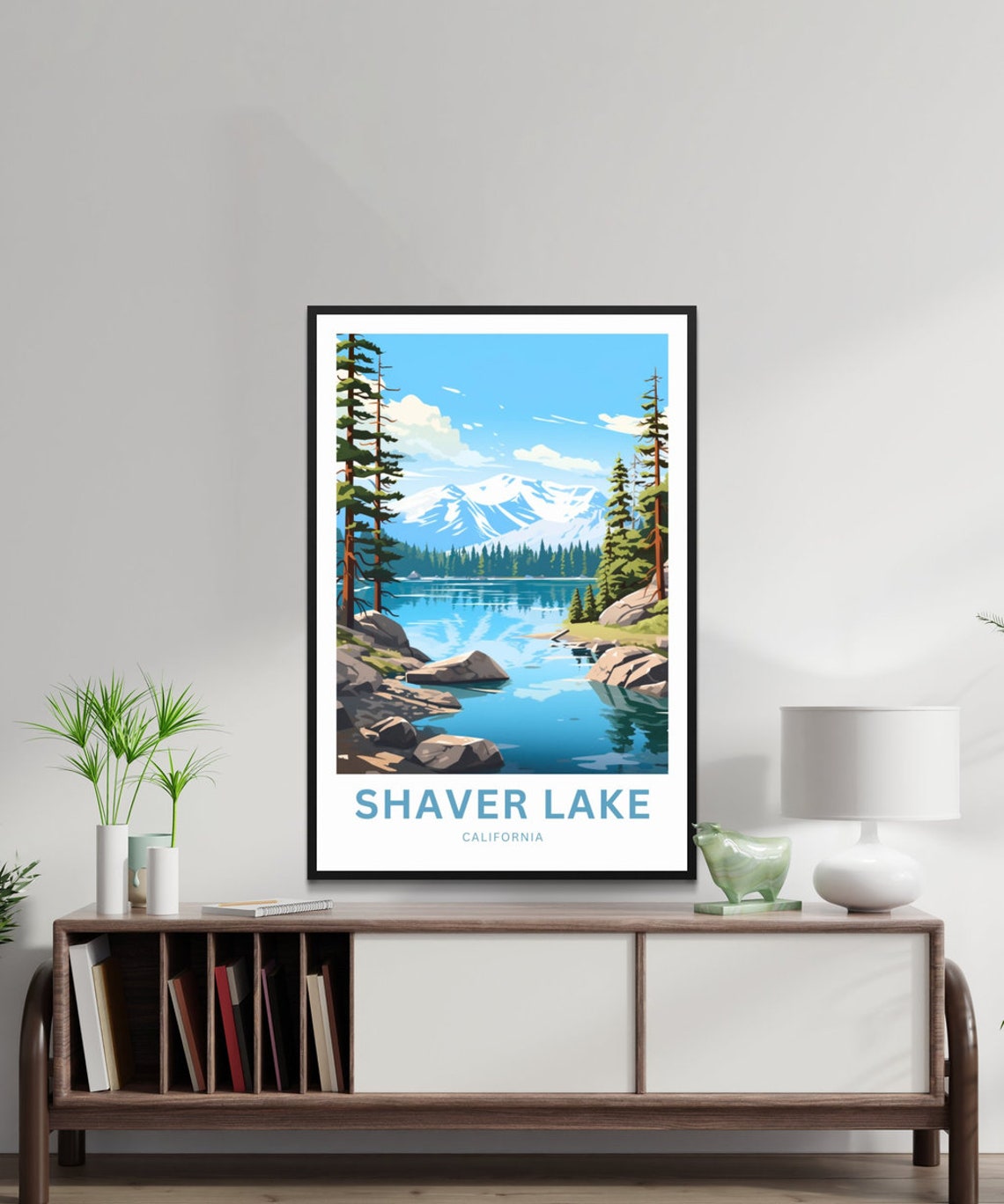 Shaver Lake California Rocky Cove Snow Peaks Custom Text Poster - Image 2