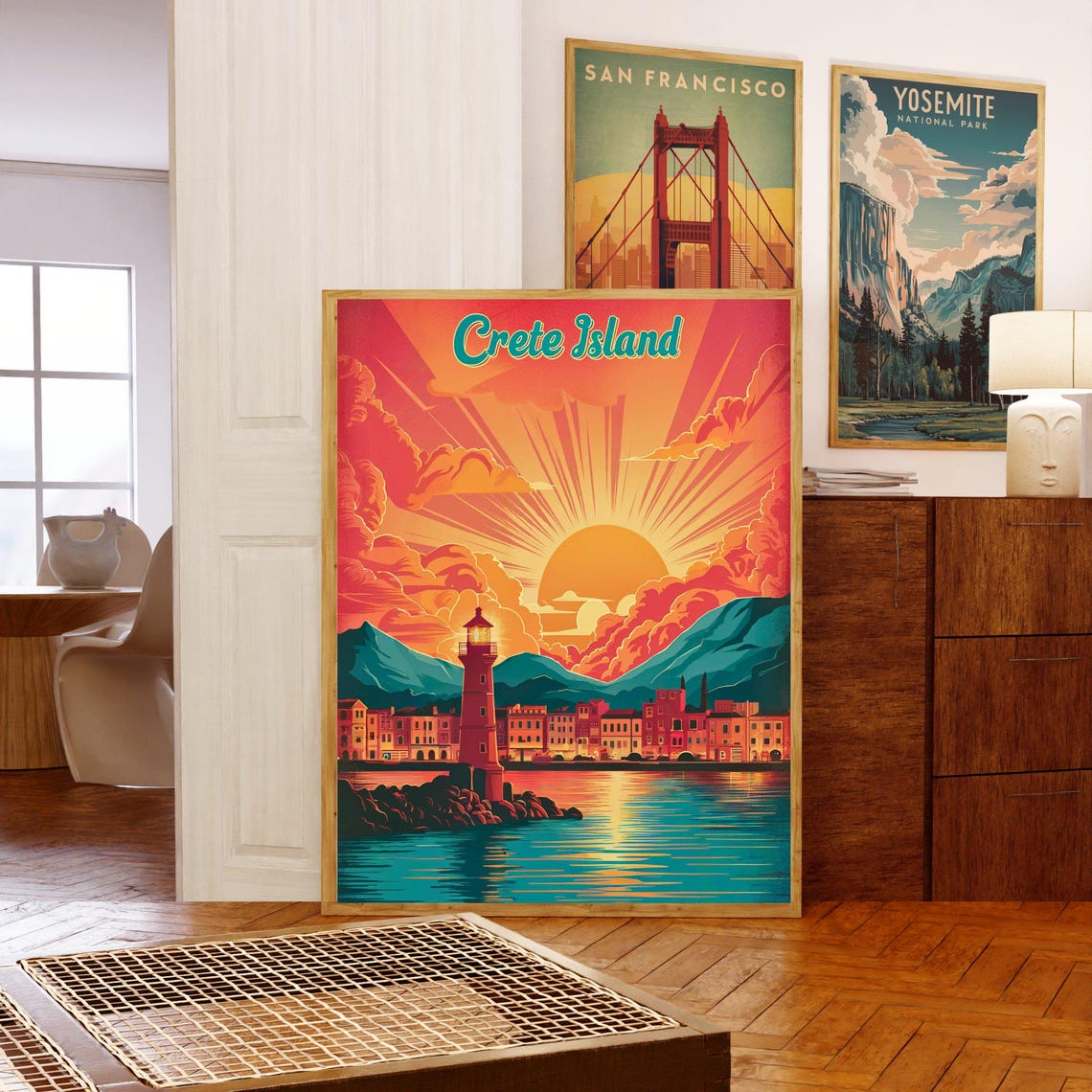 Crete Island Lighthouse Harbor Fiery Sunset Greece Travel Poster - Image 5