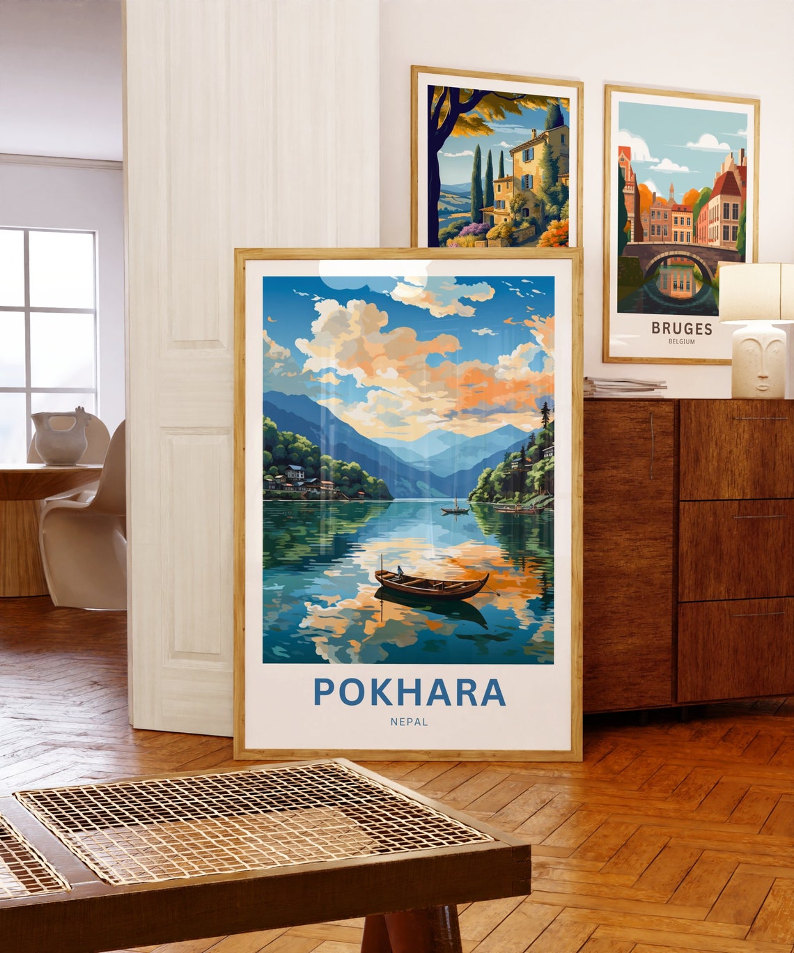 Pokhara Nepal Mirror Lake Lone Canoe Golden Hour Travel Poster - Image 5