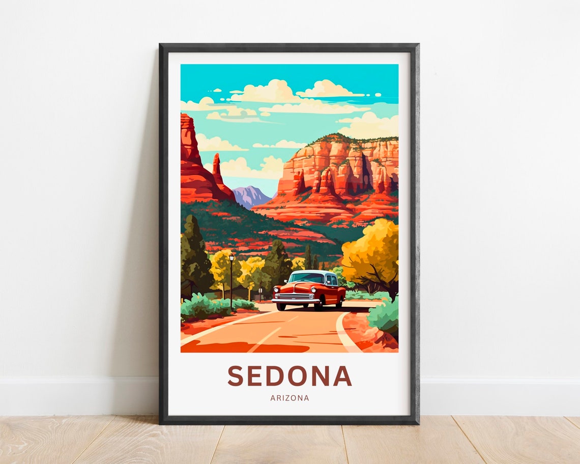Sedona Arizona Red Rocks Vintage Car Desert Road Trip Poster