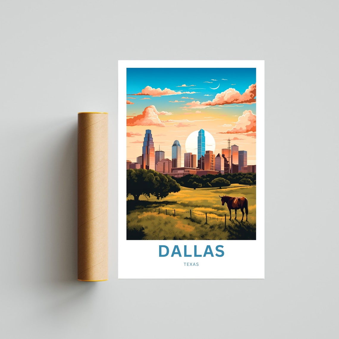Dallas Texas Golden Skyline Horse Pasture Sunset Travel Poster - Image 4