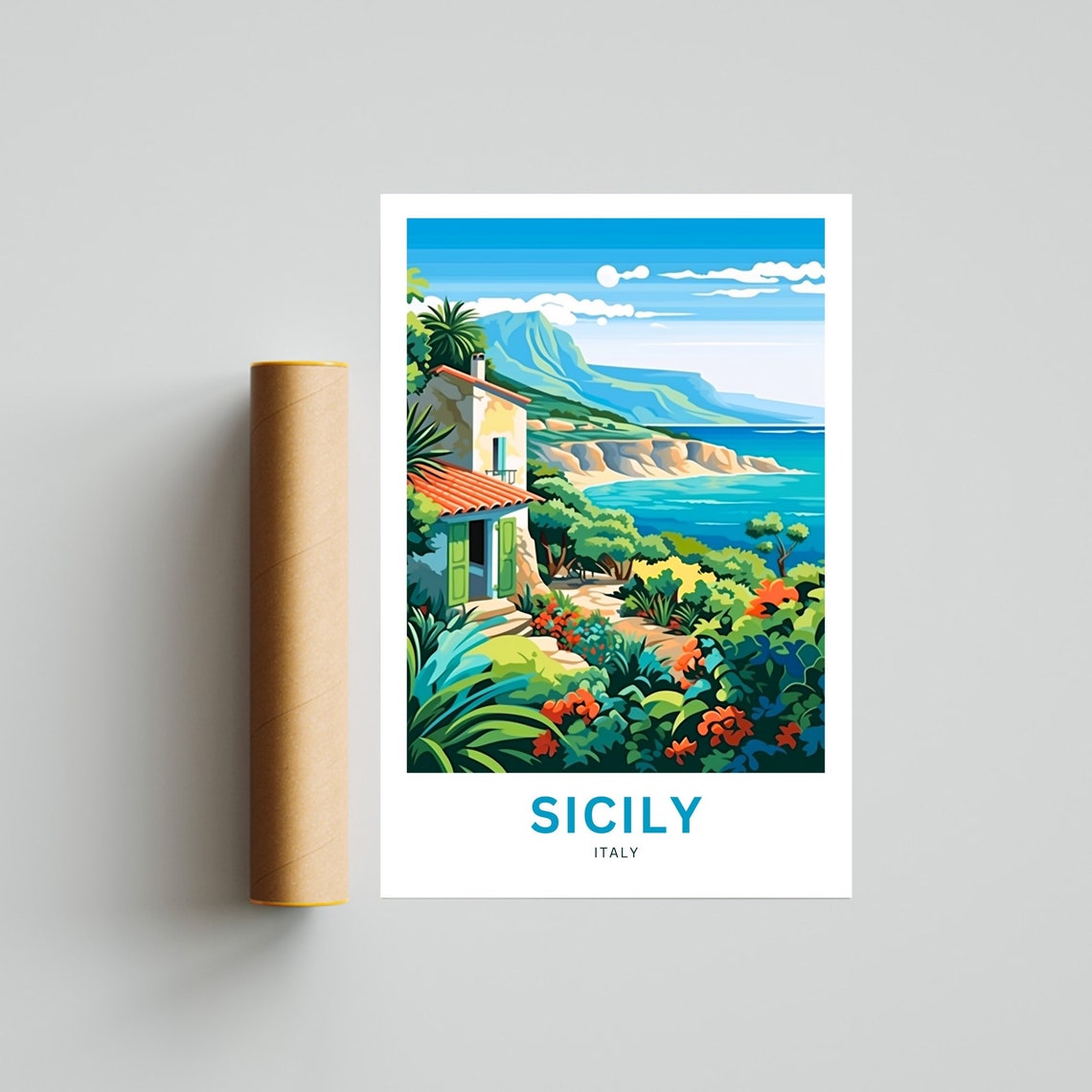 Sicily Italy Custom Text Hillside Villa Flower Coast Travel Poster - Image 4
