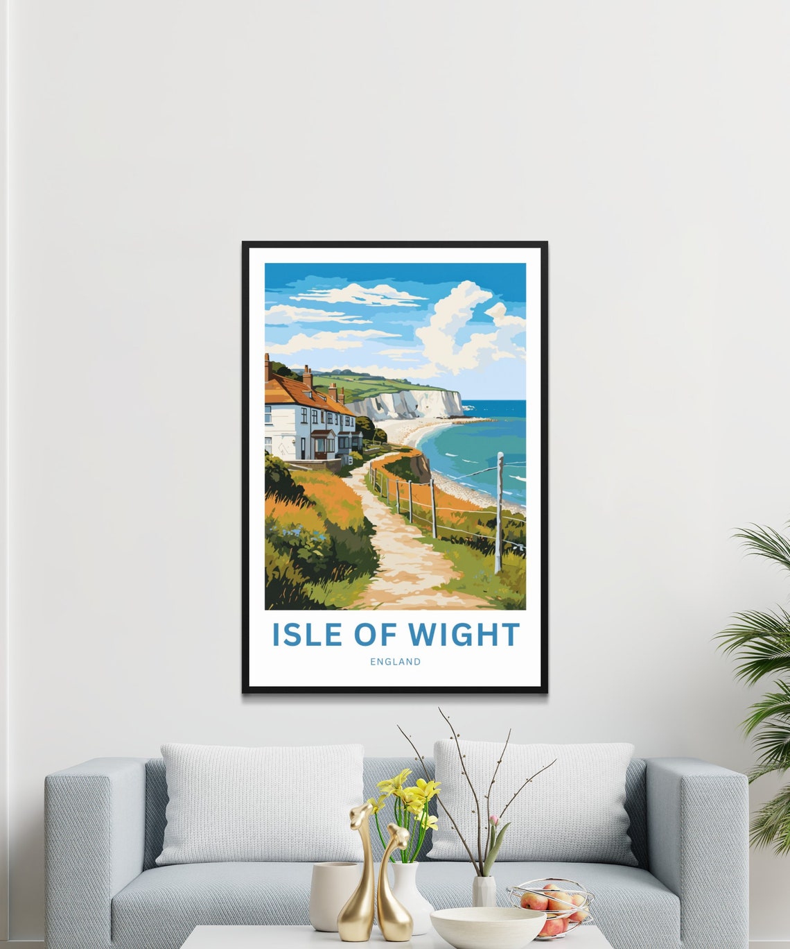 Isle of Wight England Chalk Cliffs Coastal Cottage Scene Poster - Image 3