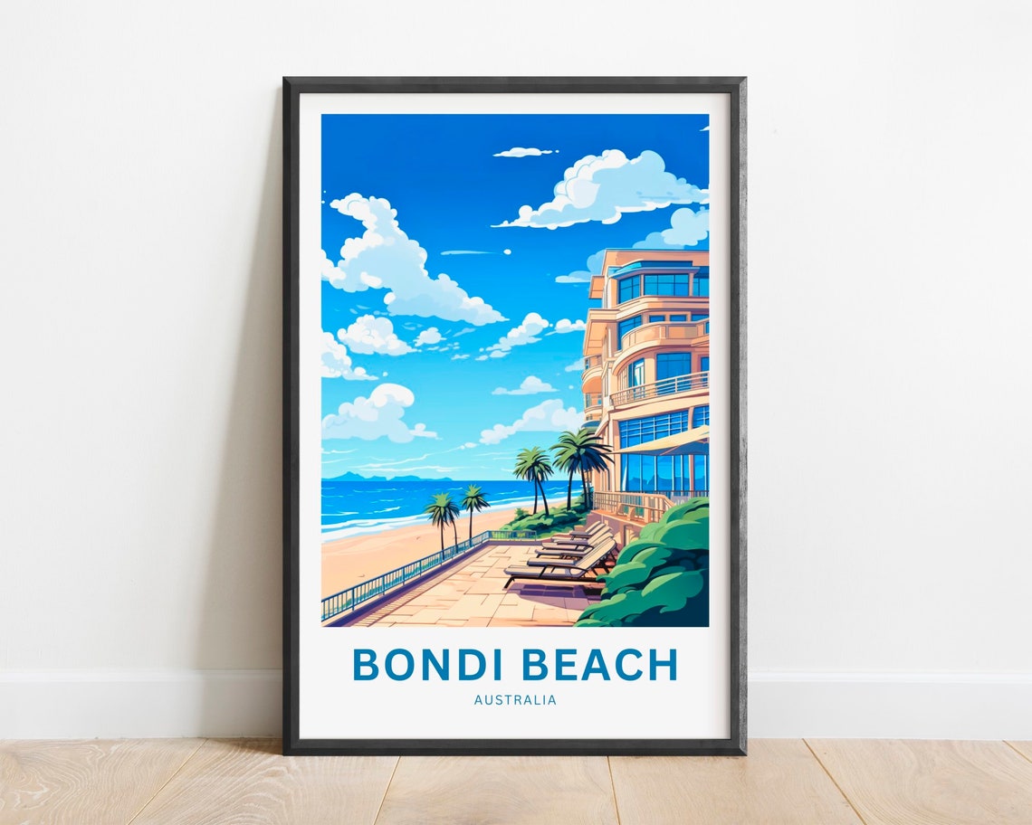 Bondi Beach Australia Oceanfront Terrace Palm Trees Travel Poster