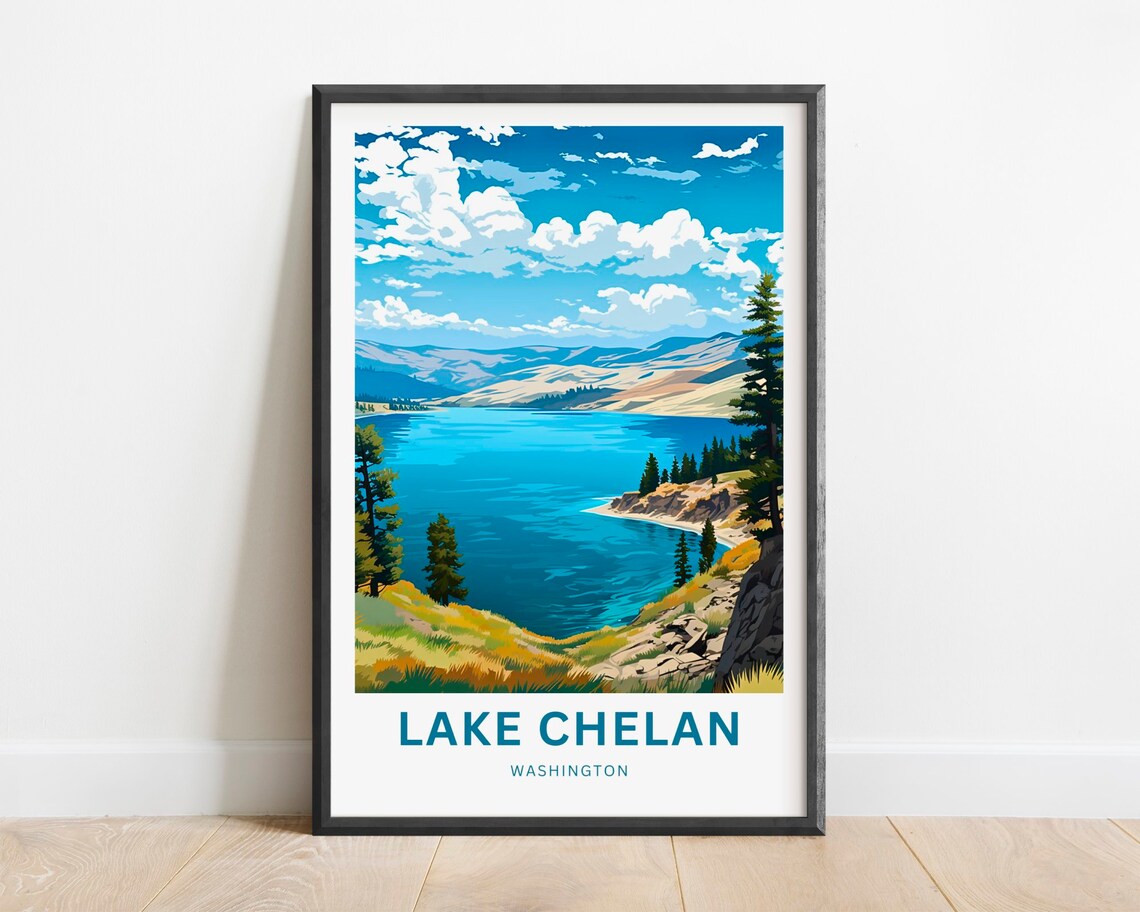 Lake Chelan Washington Blue Lake Mountain Vintage Travel Poster Art
