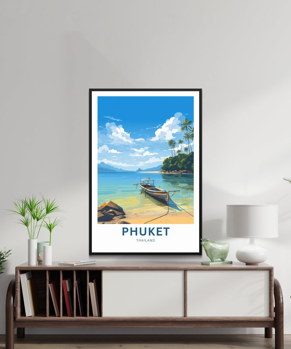 Personalized Phuket Thailand Travel Poster Wooden Boat Beach Shore Art - Image 2