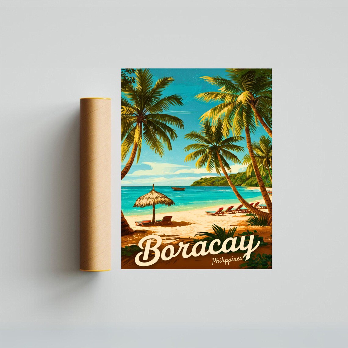 Boracay Philippines Vintage Quiet Beach Umbrella Travel Poster - Image 4