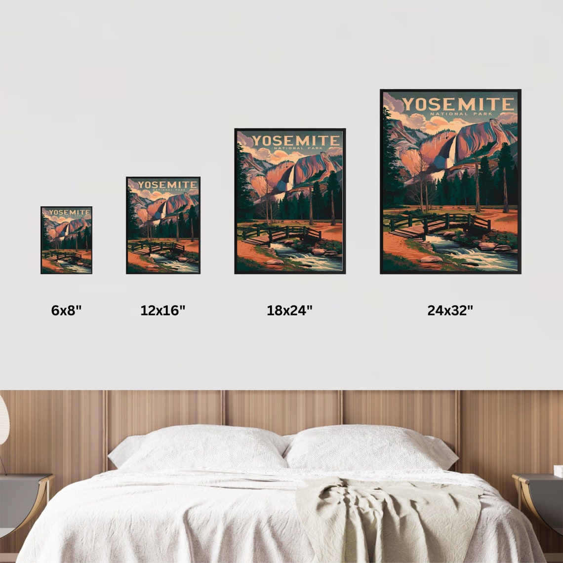 Yosemite National Park Retro Poster with Waterfall Bridge and Sunset - Image 4