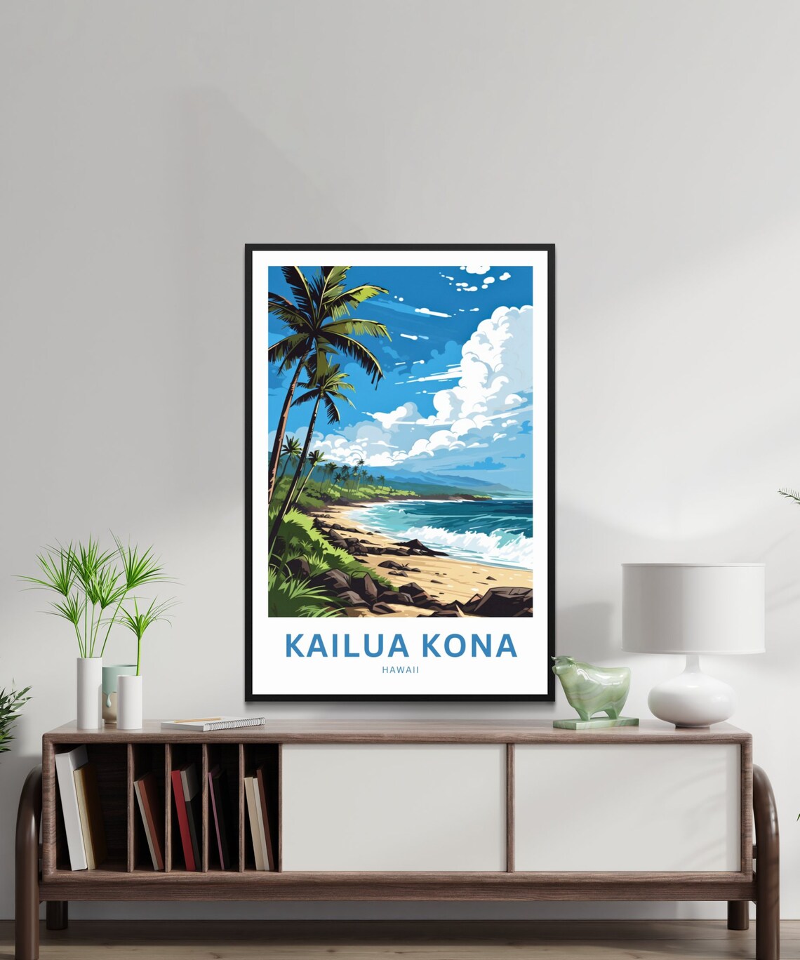 Kailua Kona Hawaii Swaying Palm Beach Golden Rocky Shore Poster - Image 2