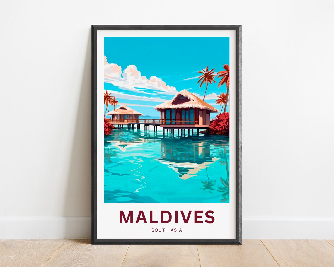 Maldives Palm Fringed Lagoon Hut Island Tropical Seascape Poster