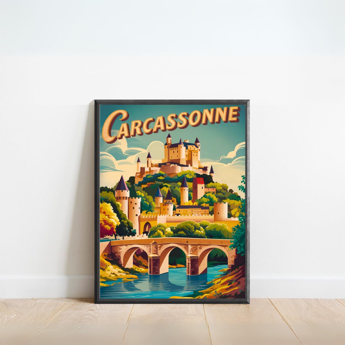 Carcassonne France Medieval Castle Bridge Vintage Travel Poster