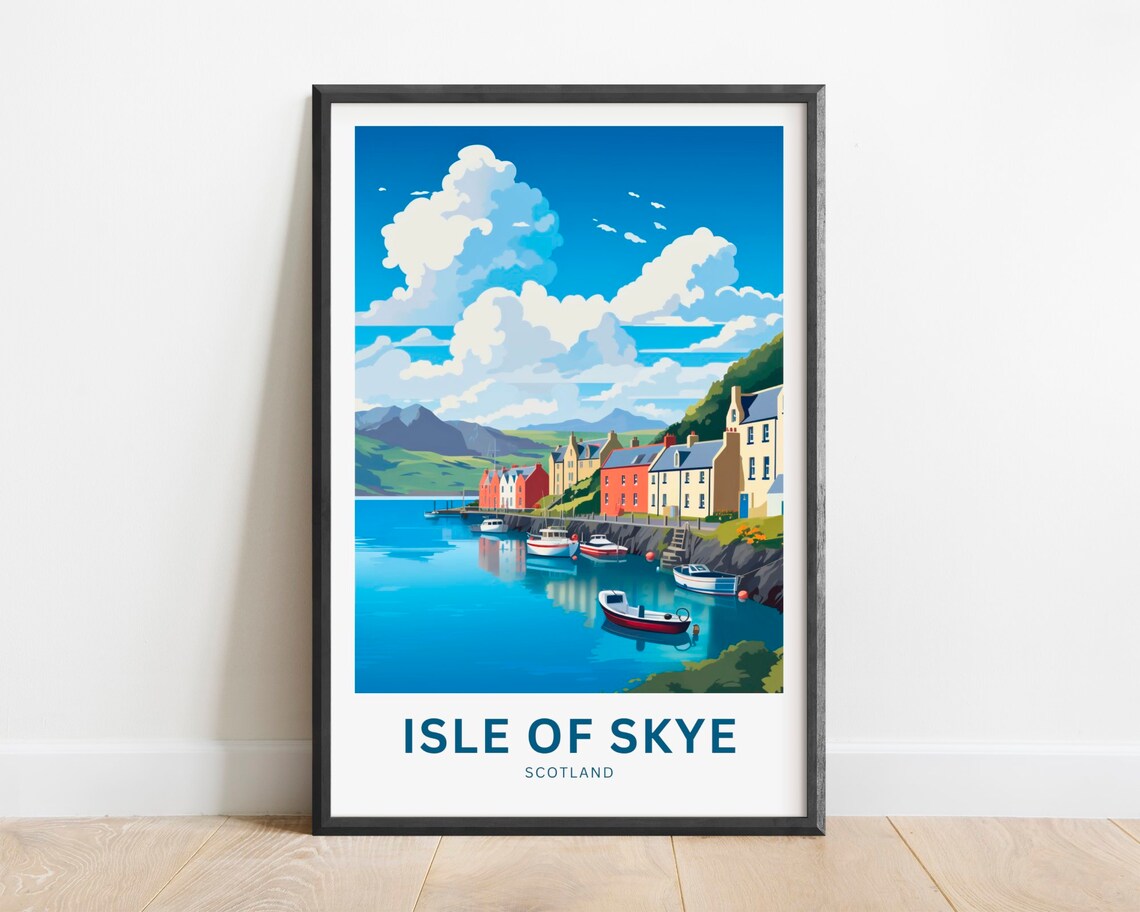 Isle of Skye Scotland Harbor Village Boats Vintage Travel Poster