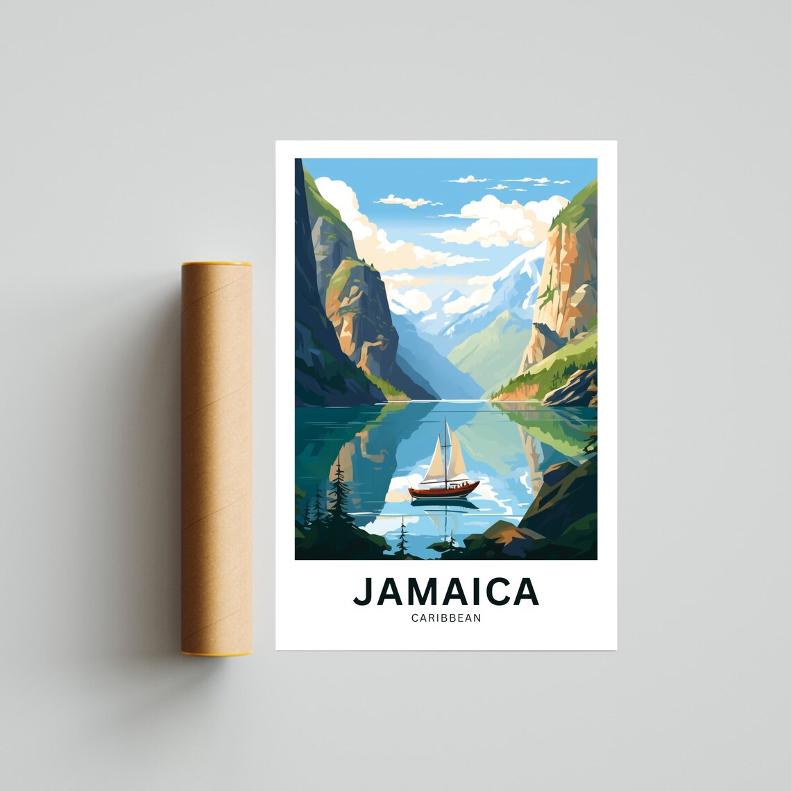 Jamaica Caribbean Sailboat on Glassy Mountain Lake Retro Travel Poster - Image 4
