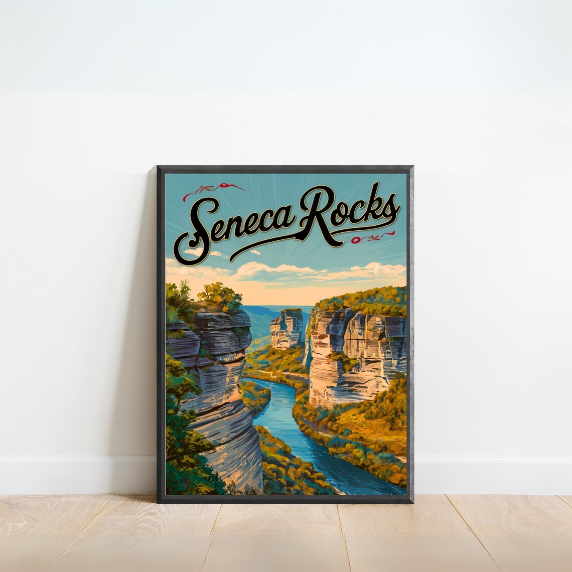 Seneca Rocks Vintage Travel Poster with River Gorge and Cliff Overlook