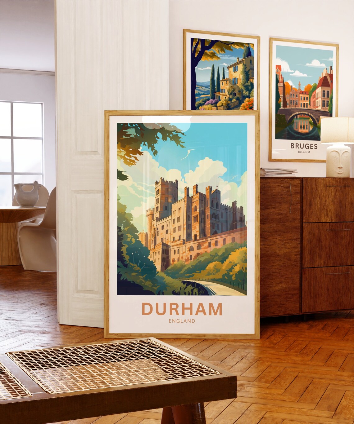 Durham England Historic Castle Above Green Woodland Retro Poster - Image 5