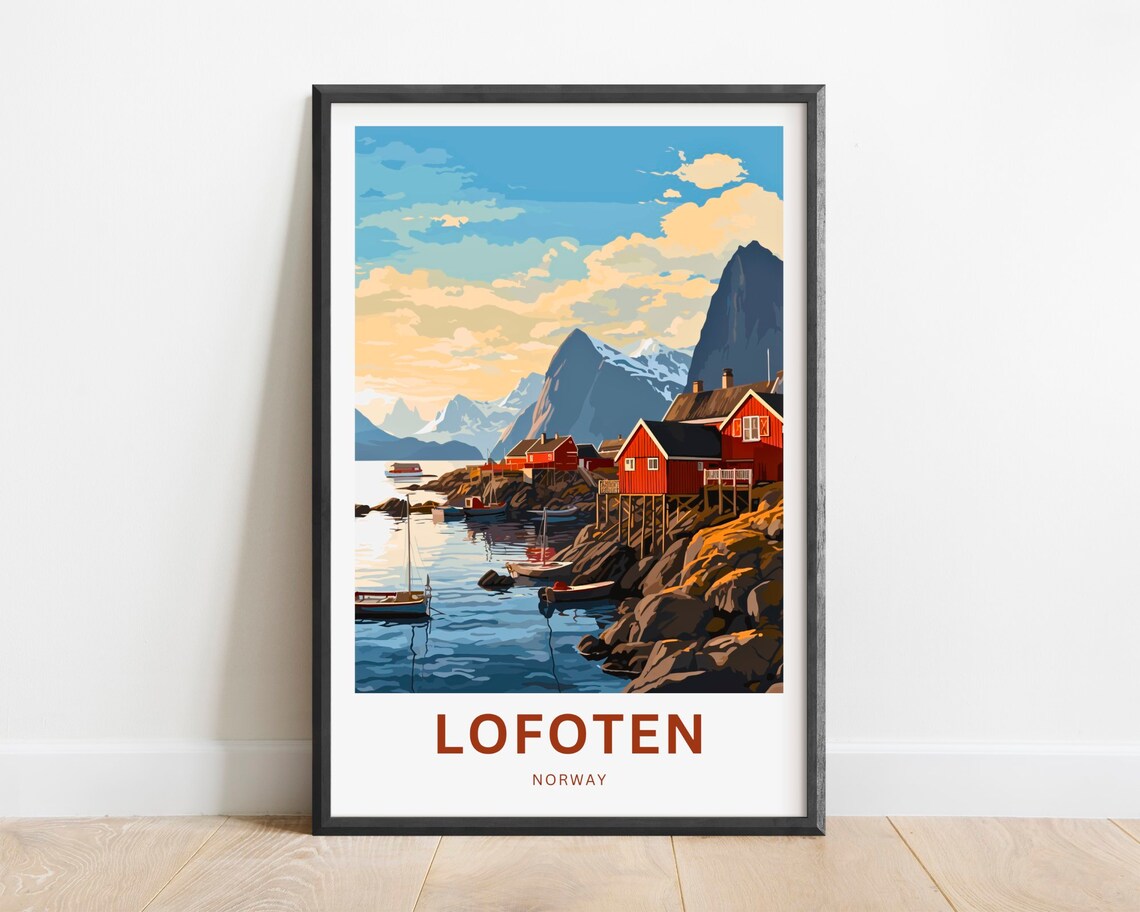 Lofoten Norway Vintage Harbor Boats Red Cabins and Mountains Poster