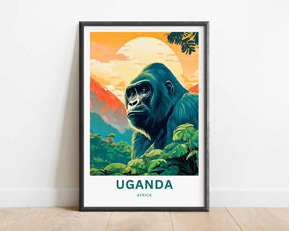 Uganda Africa Travel Poster Gorilla Jungle Portrait Sunset Mountains