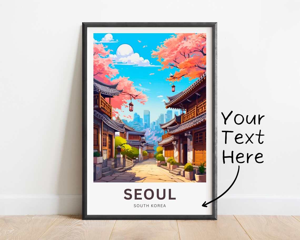 Seoul South Korea Travel Poster Cherry Blossom Hanok Street Art
