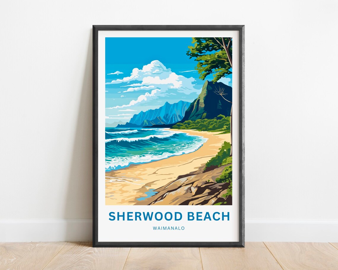 Sherwood Beach Waimanalo Turquoise Waves Hawaii Travel Poster