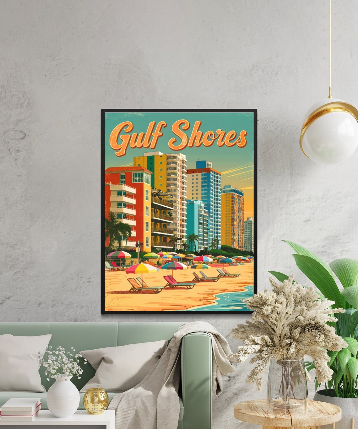 Gulf Shores Alabama Vintage Beachfront Skyline and Umbrellas Poster - Image 2