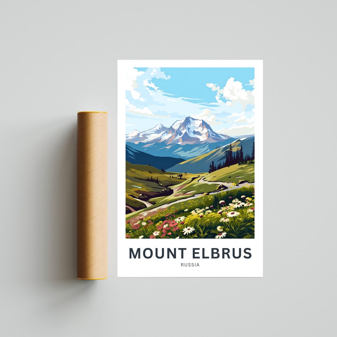 Mount Elbrus Russia Snowy Peaks Wildflower Meadow Scene Travel Poster - Image 4