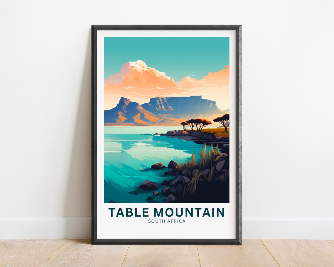 Table Mountain South Africa Cape Sunset Coastline Travel Poster