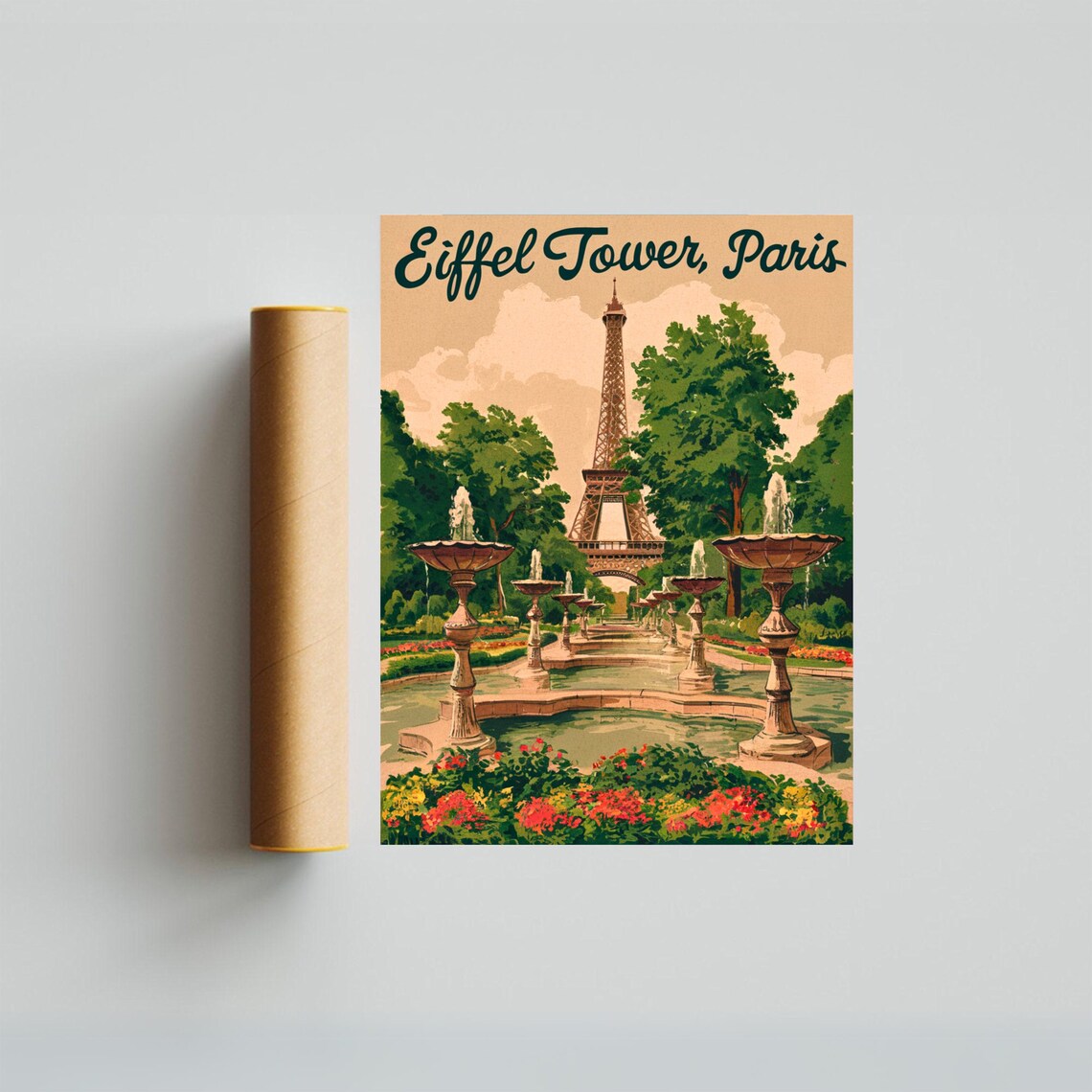 Eiffel Tower Paris Vintage Garden Fountains Retro Travel Poster - Image 4