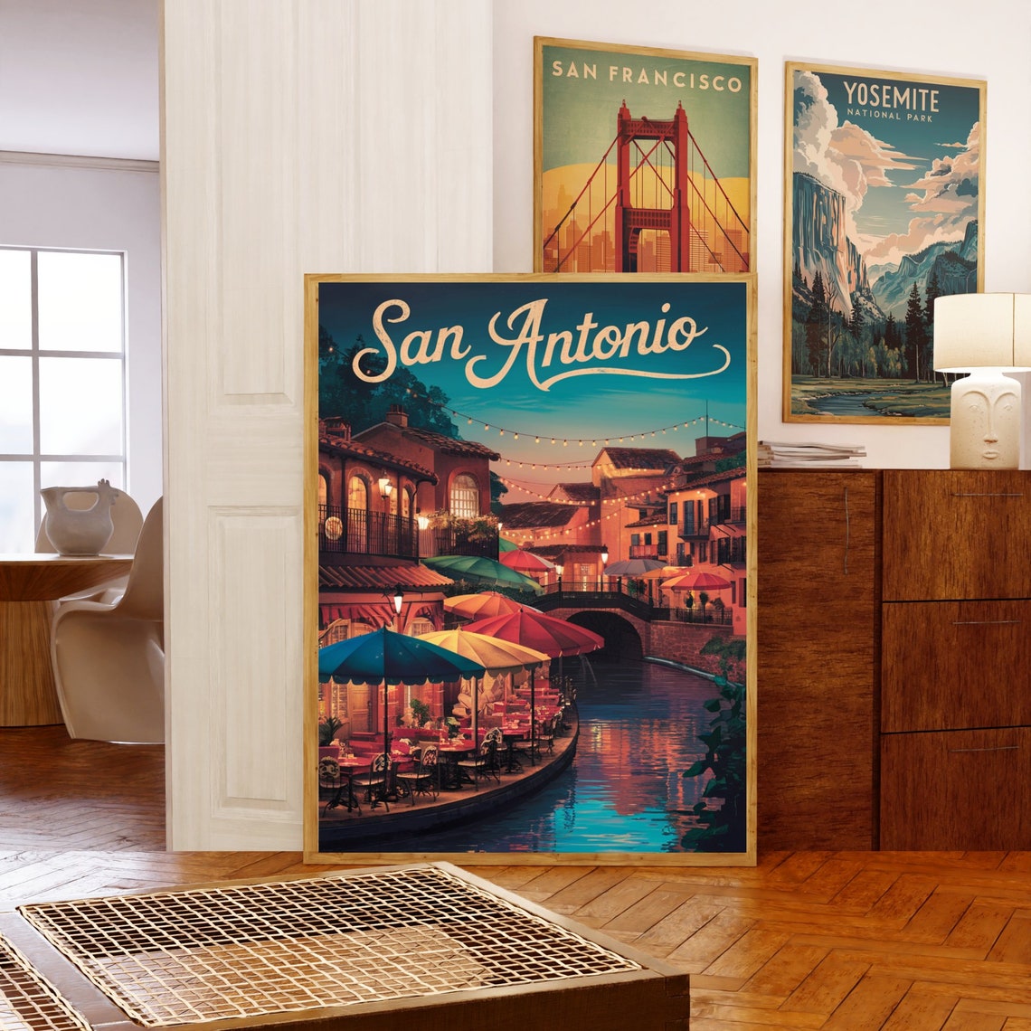 San Antonio Texas Vintage Night River Walk Cafe Travel Poster - Image 5