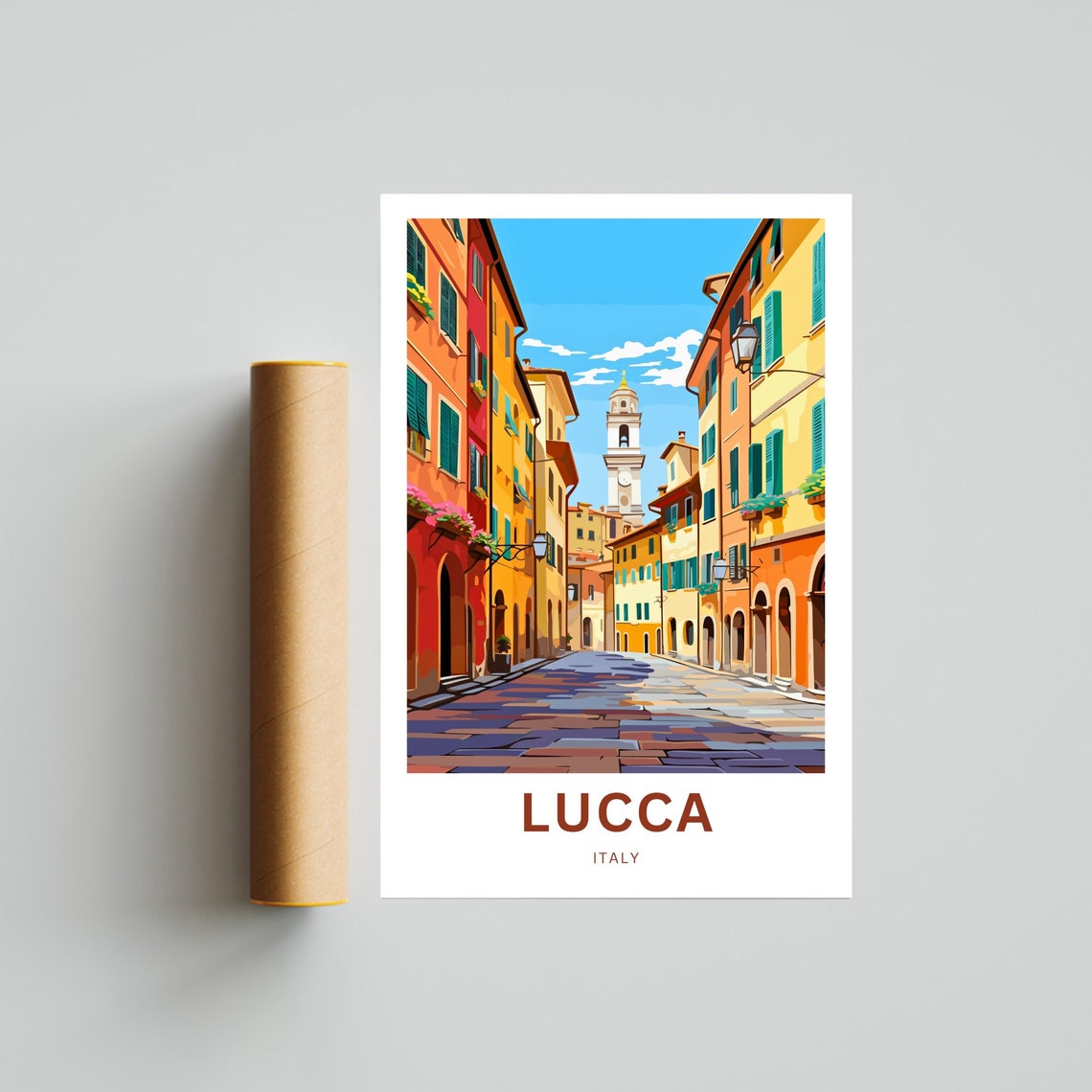 Lucca Italy Cobblestone Street Colorful Houses Clock Tower Poster - Image 4