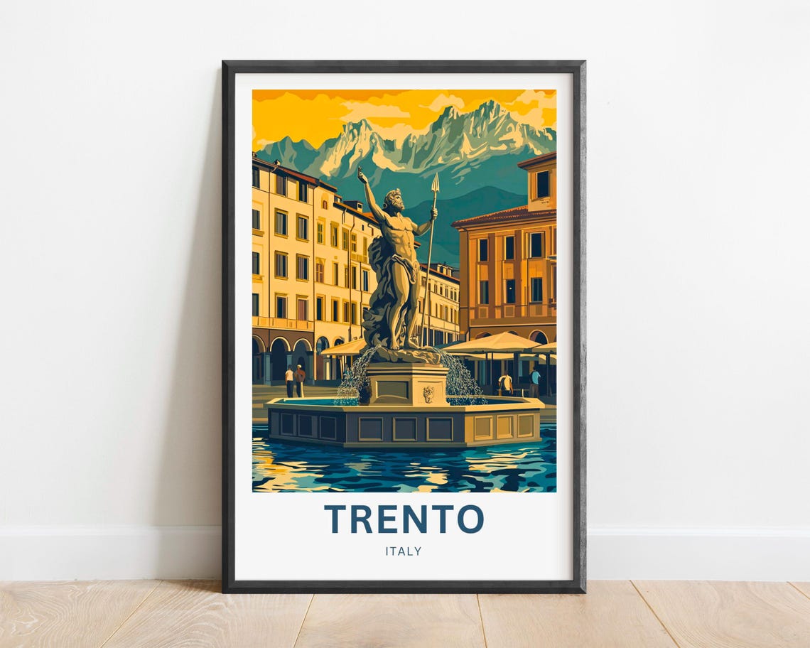 Trento Italy Neptune Fountain Piazza Mountain Vista Historic Poster