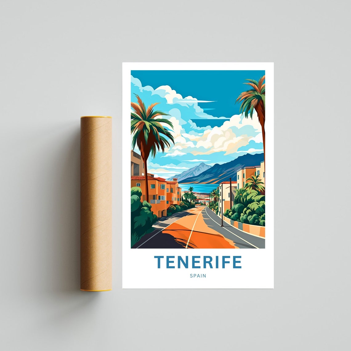 Tenerife Spain Palm Road Beach Mountain Coast View Travel Poster - Image 4