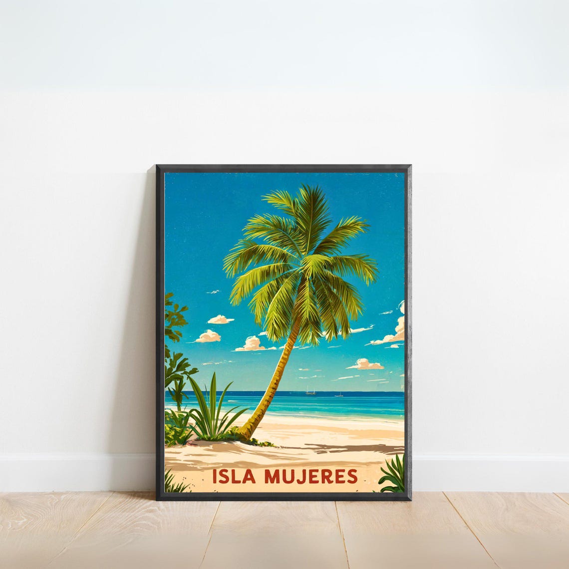 Isla Mujeres Leaning Palm Tree Tropical Beach Vintage Poster