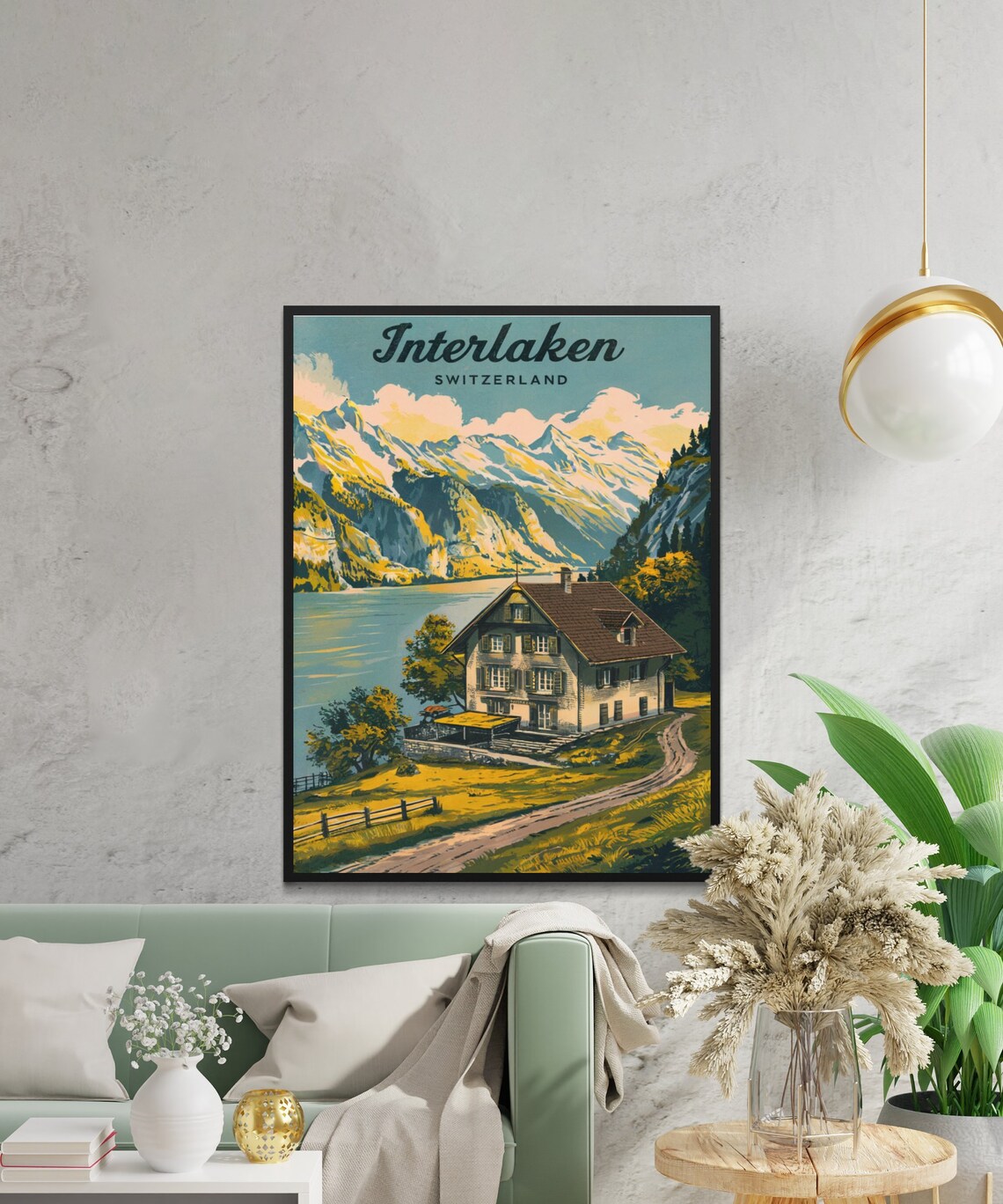 Interlaken Switzerland Lakeside Chalet Vintage Alpine Travel Poster - Image 3
