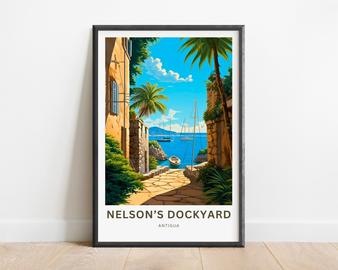 Nelson's Dockyard Antigua Harbor Travel Poster Tropical Stone Alley Scene Art