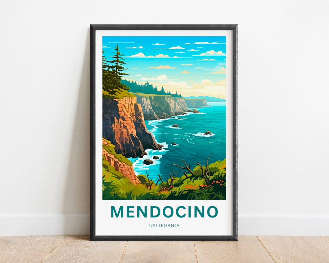 Mendocino California Rugged Cliffs Teal Ocean Vintage Travel Poster