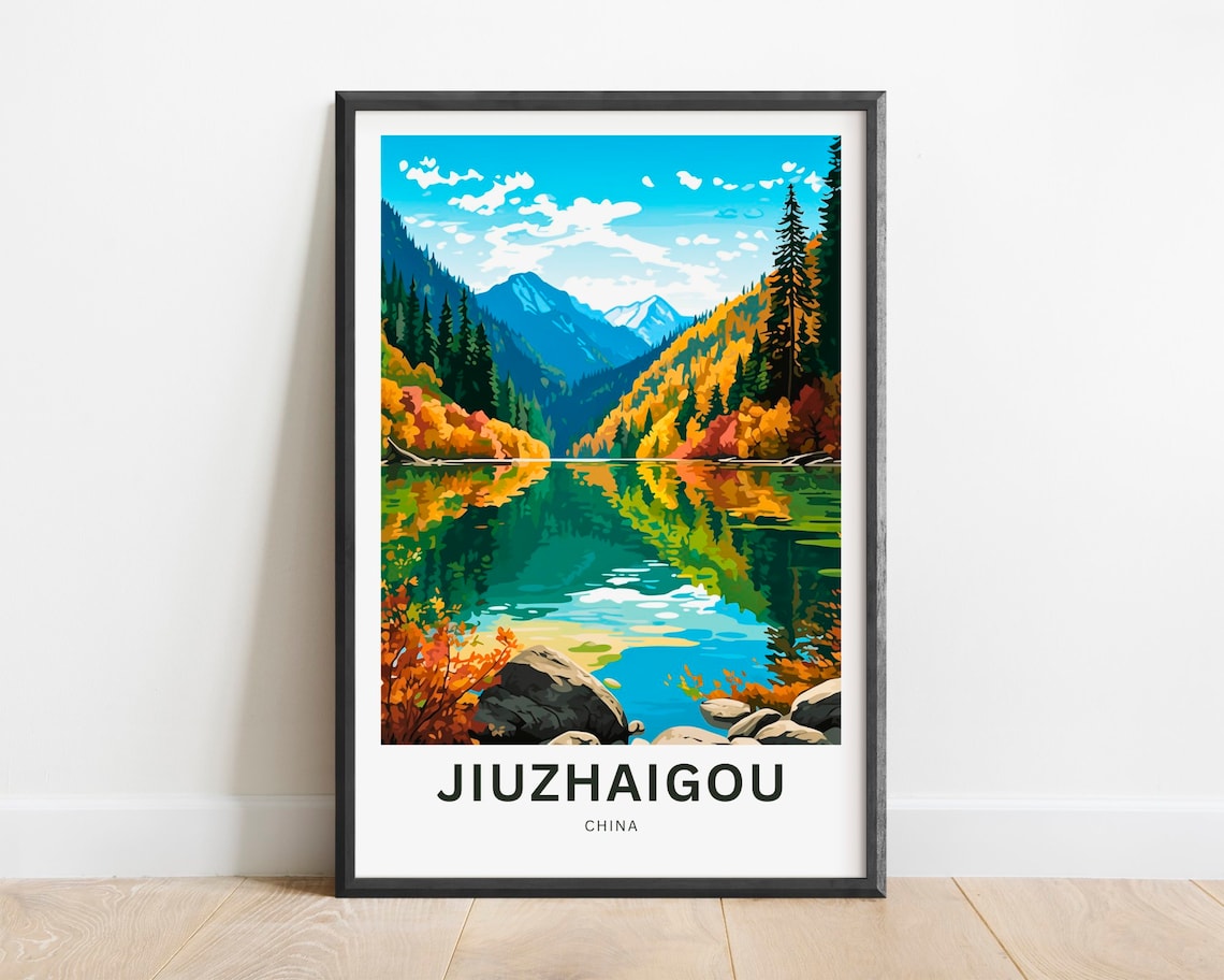 Jiuzhaigou China Travel Poster Autumn Lake Reflection Art Decor