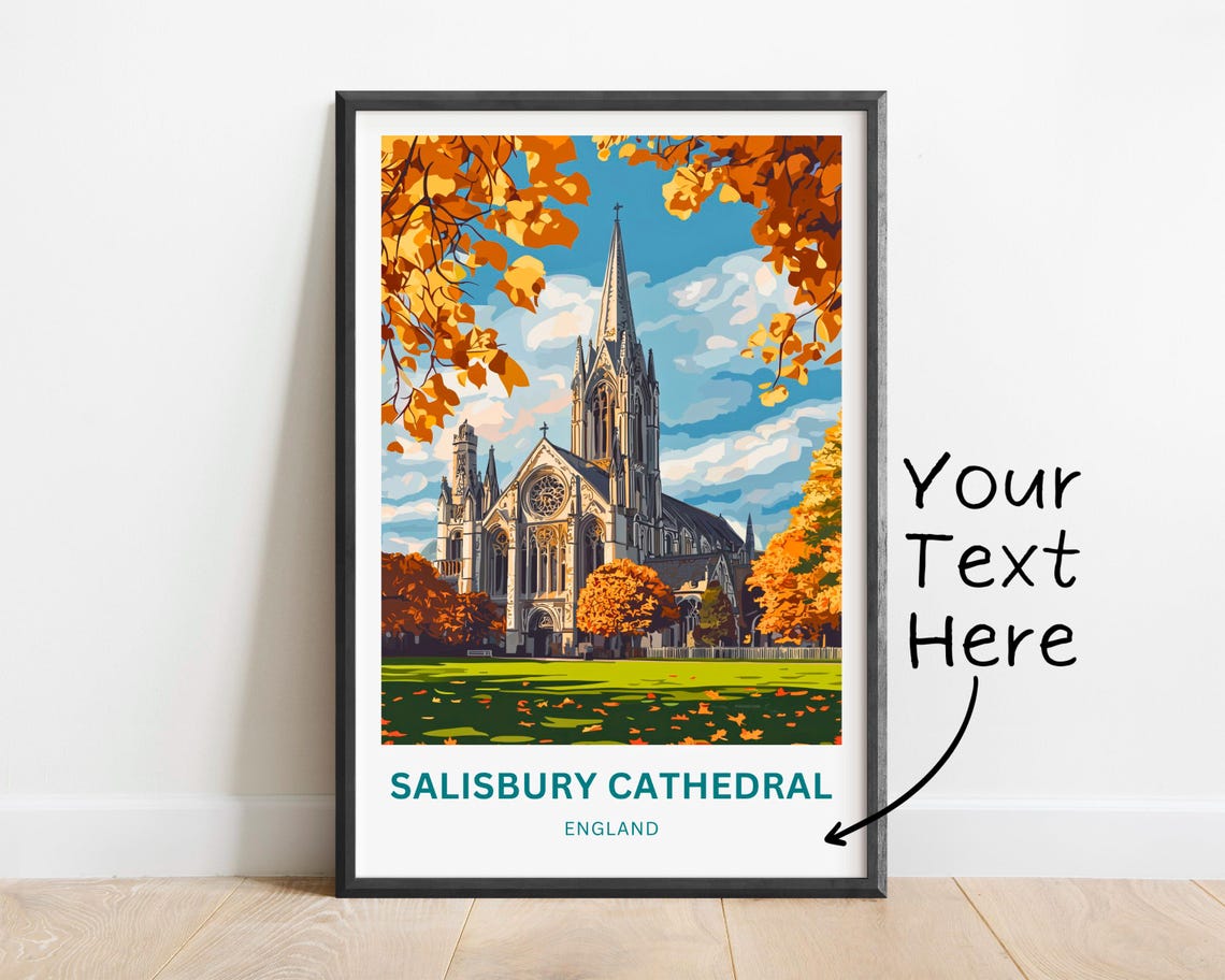 Salisbury Cathedral England Golden Autumn Foliage Art Poster - Image 2