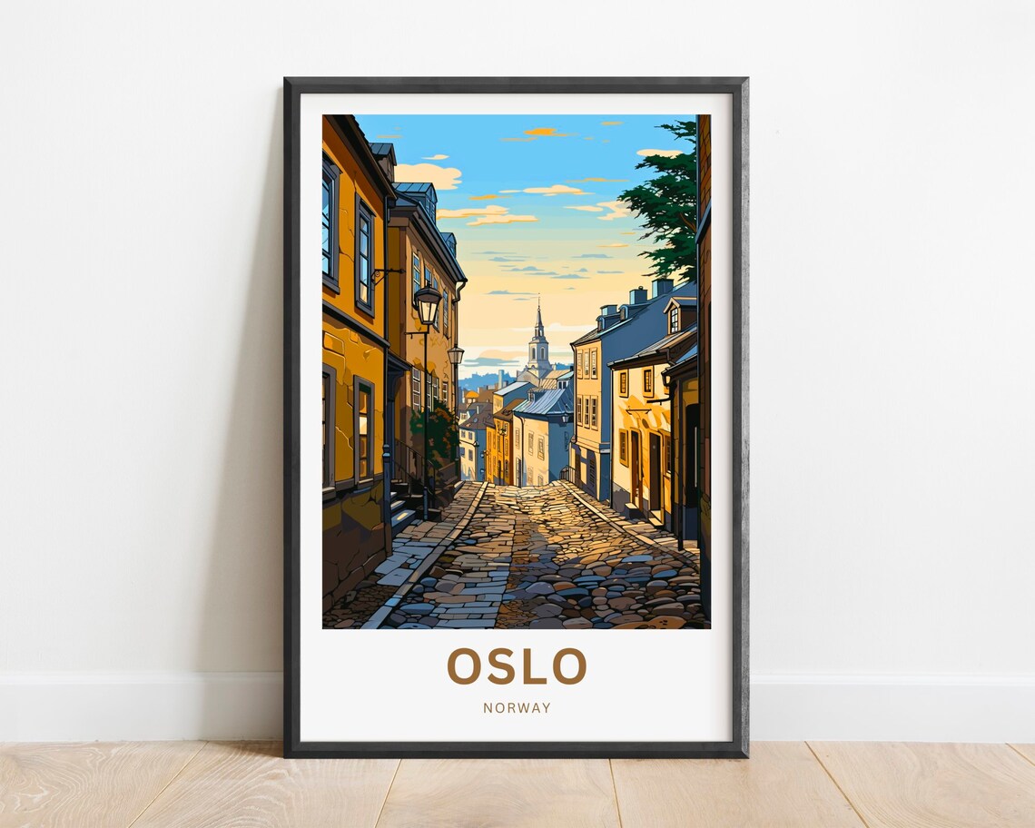 Oslo Norway Golden Sunset Old Town Cobblestone Street Poster