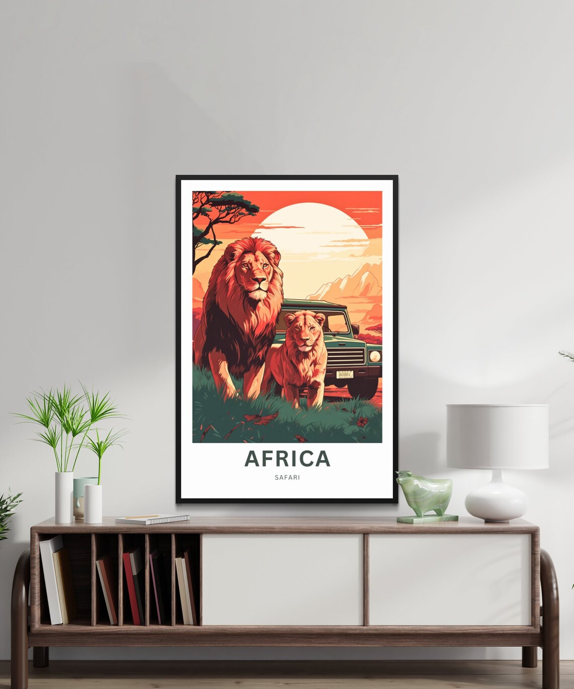 Africa Safari Lion and Lioness with Jeep Sunset Savanna Poster - Image 2