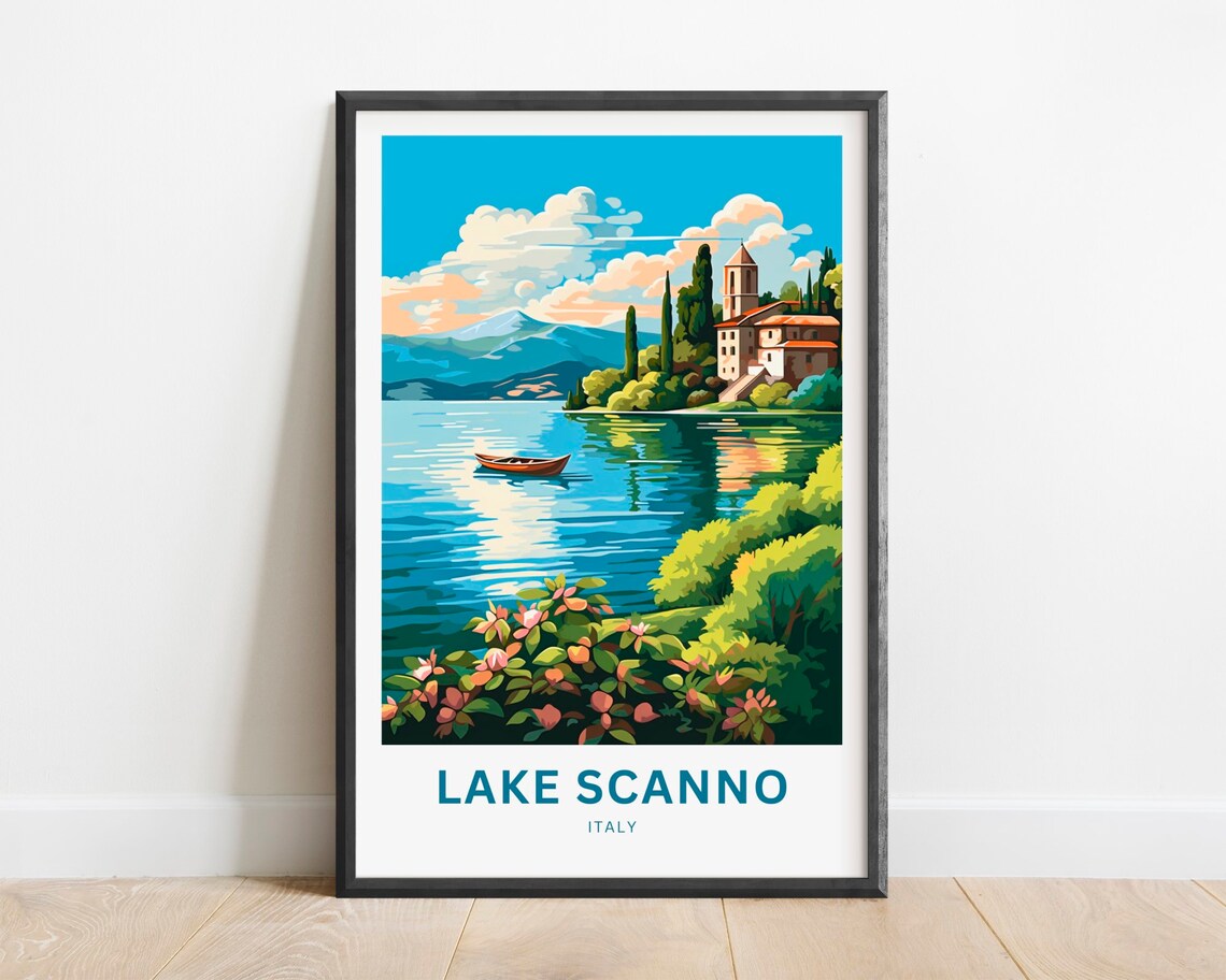 Lake Scanno Italy Lakeside Church Rowboat Flowers Romantic Poster