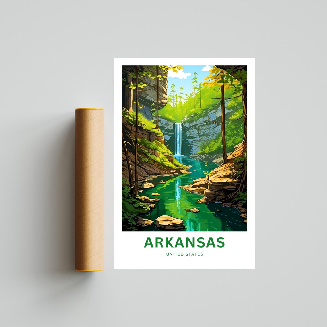 Arkansas Tall Waterfall Canyon Emerald Pool Forest Travel Poster - Image 4