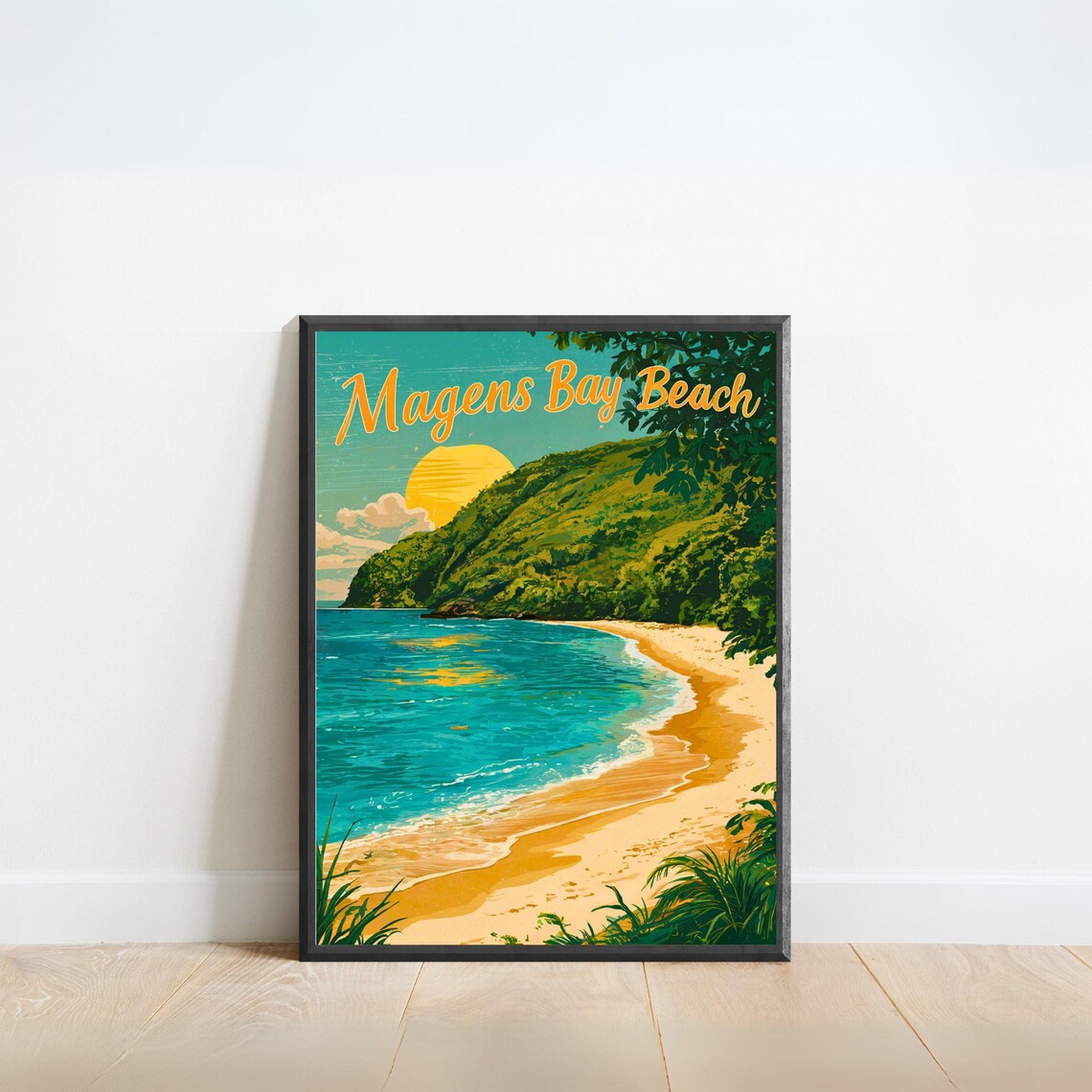 Magens Bay Beach Golden Sunset Lagoon Tropical Vintage Travel Poster