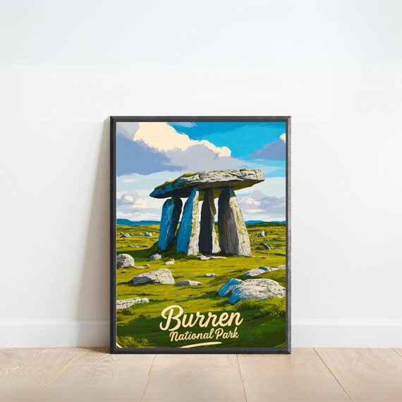 Burren National Park Ireland Travel Poster Poulnabrone Dolmen Stones